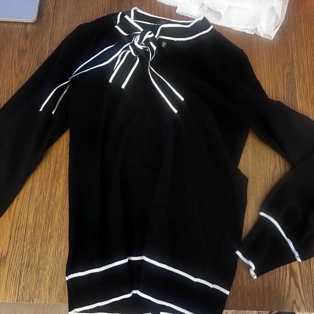 Adrianna Papell Black Sweater Top with White Trim and bow neckline, Women’s Smal